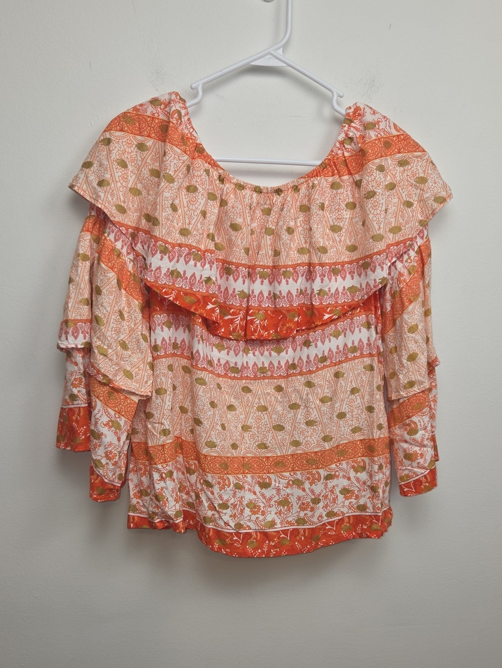 Boho Floral Paisley Off Shoulder Ruffle Blouse Coral Orange Peasant Top Medium - Picture 2 of 10